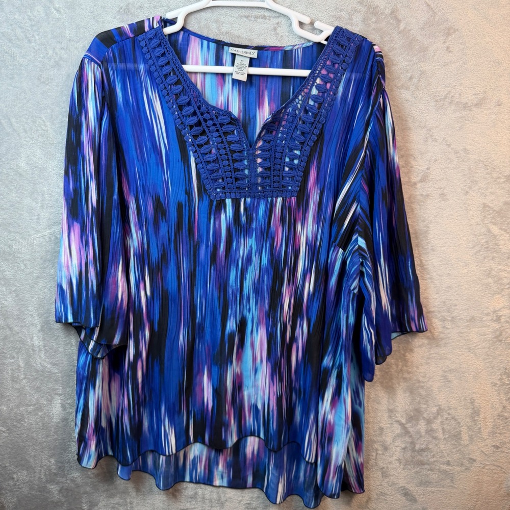 Catherines Tunic‎ Womens 3X Blue Purple Abstract Arts to Wear 3/4 Sleeve Top